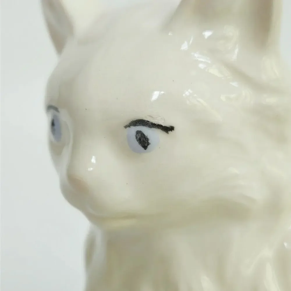 Vintage White Longhair Cat Figurine | Hand Painted Floral Ceramic Kitty Statue